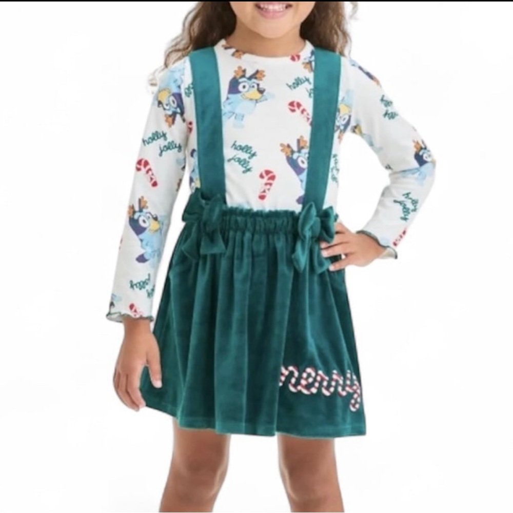 Bluey Christmas Toddler Girls Green Velvet Merry Dress 2pc Set - Size 18m NWT